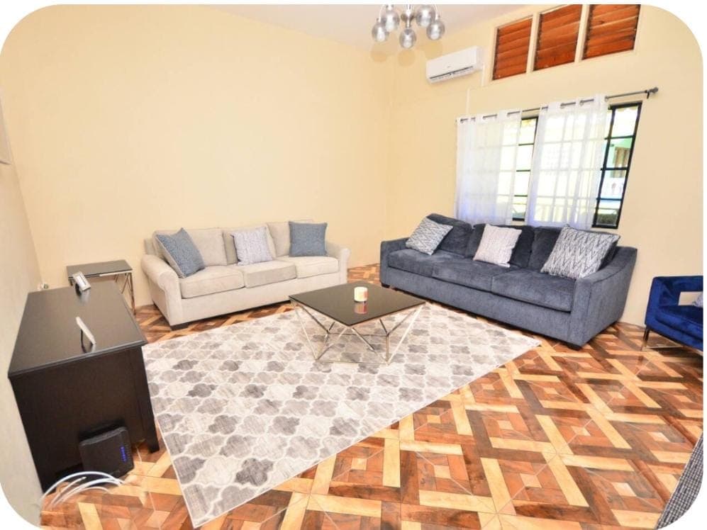 Spacious living room with comfortable sofas and air conditioning